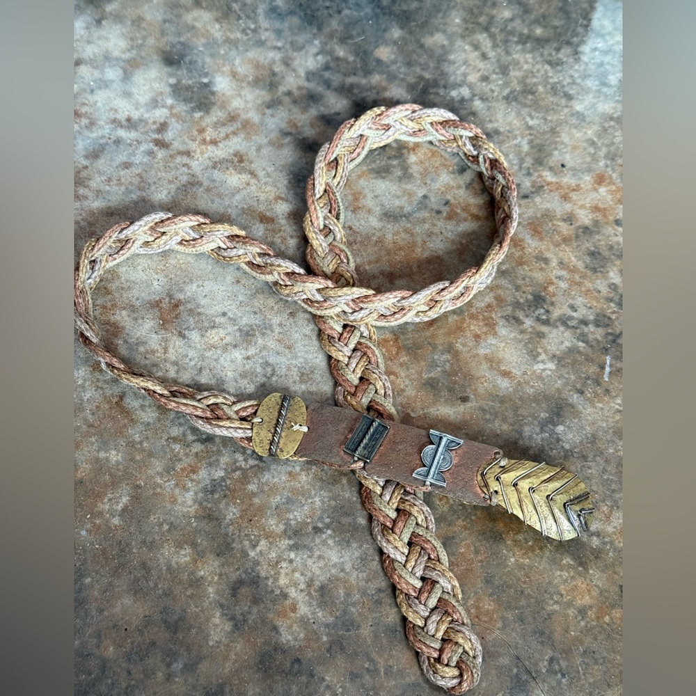 Baer,SF artisan belt 4 color woven braided jute, copper, brass, silvertone metal